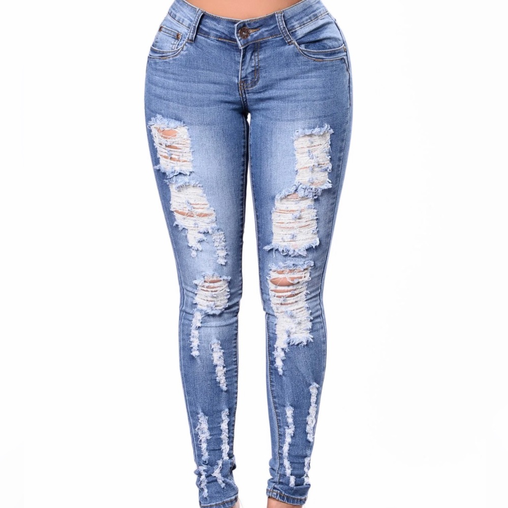 Distressed denim jeans